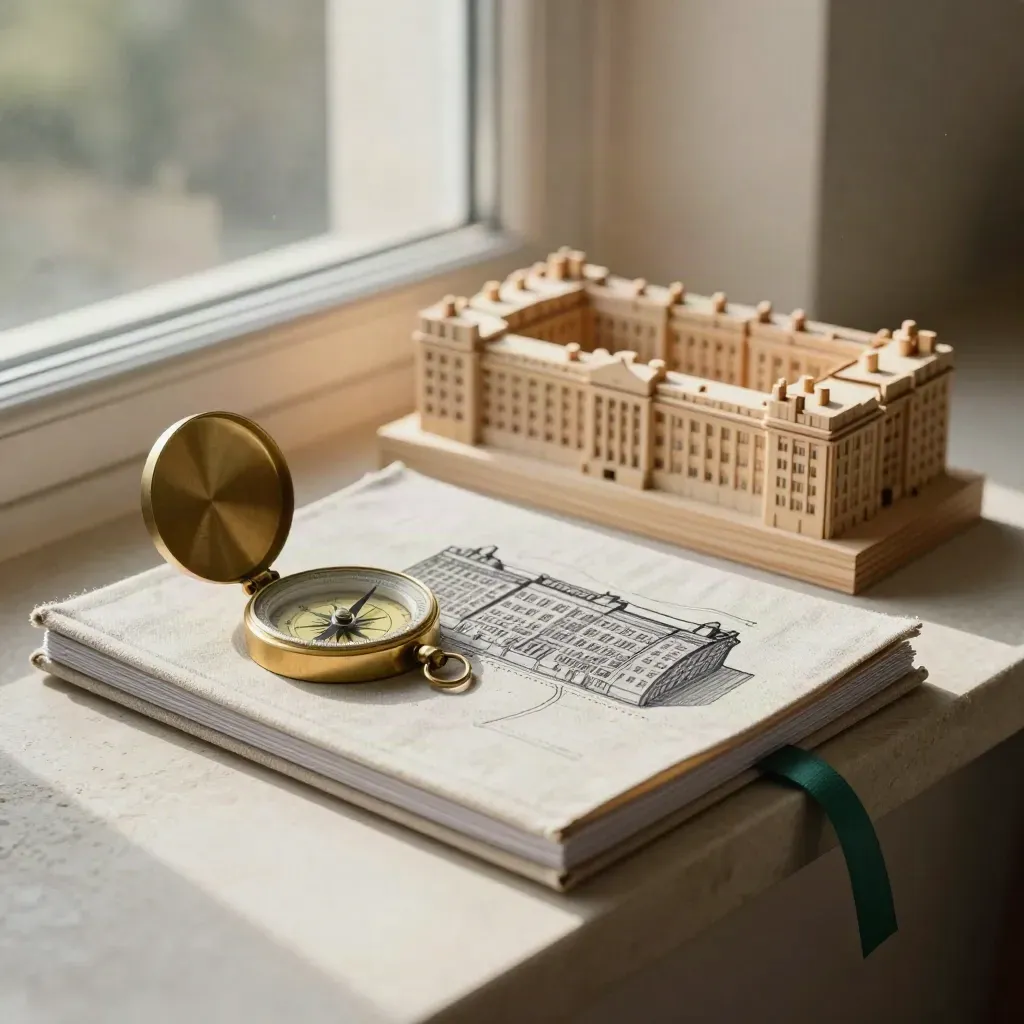 Closed folios, brass compass, and wooden city model on a stone plinth by window light.