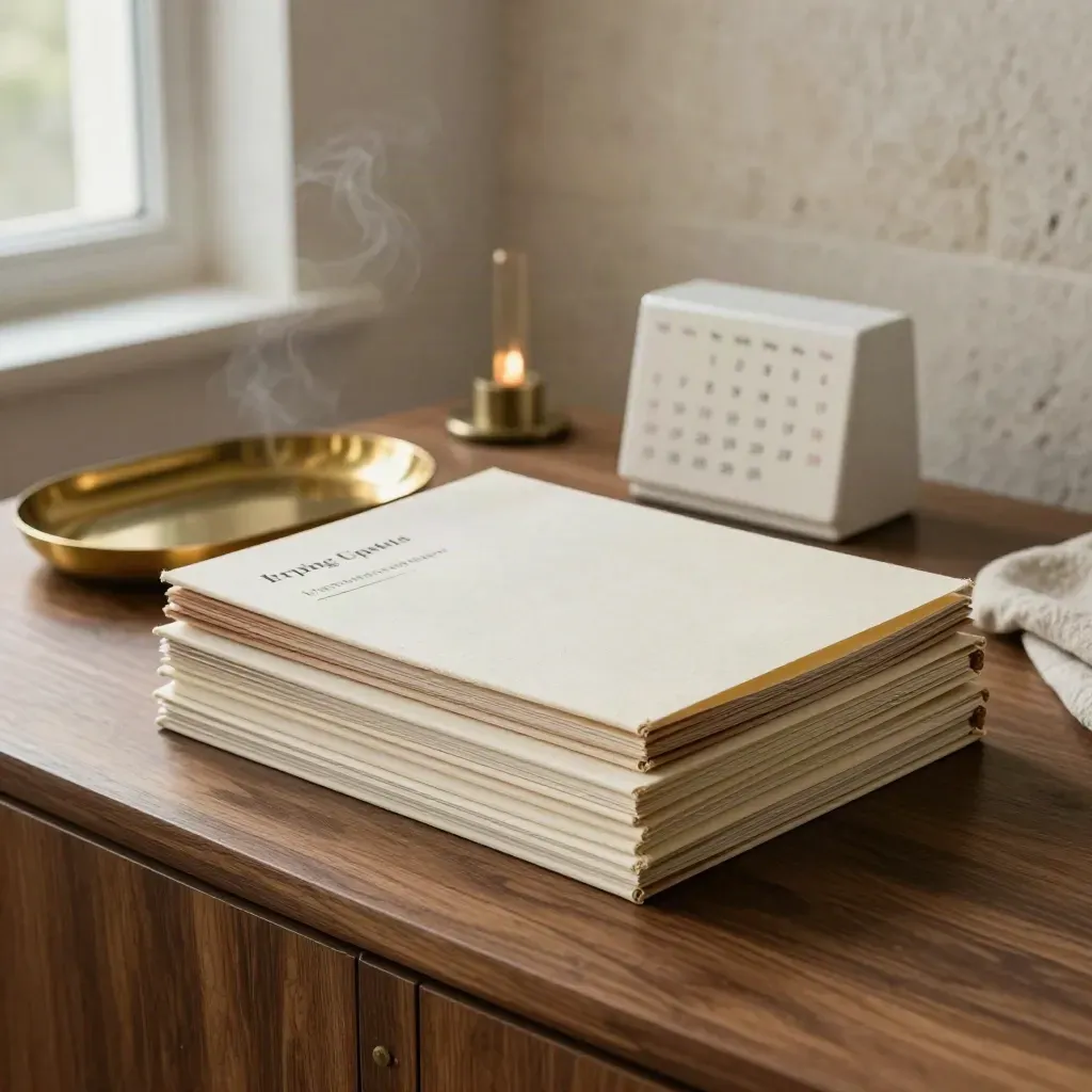 Briefing folios, brass tray and turned calendar block on walnut sideboard in soft window light.
