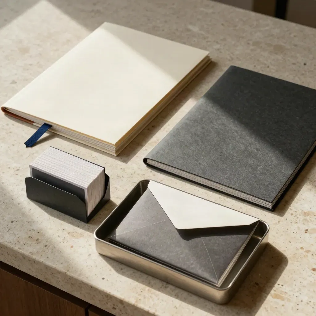 Travertine flatlay of investor folios, slate card holder and metal tray for equity raising