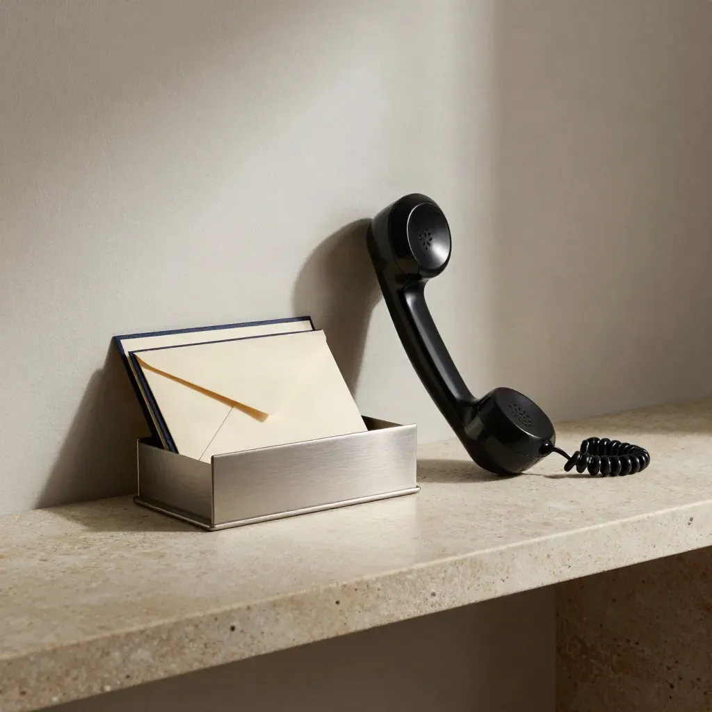 Black handset, sealed envelopes, and reply tray on a stone shelf