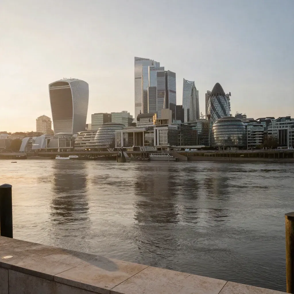 Canary Wharf and the City skyline glowing above the Thames in warm evening haze.
